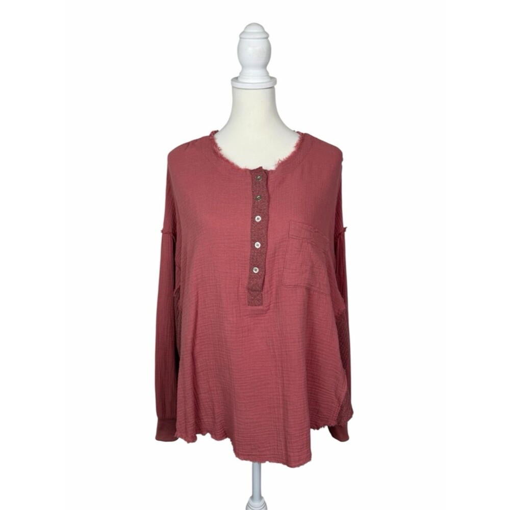 AEMI + CO Rust Gauze Cotton Blouse Small NWT Boho Raw Edge Henley Long Sleeve